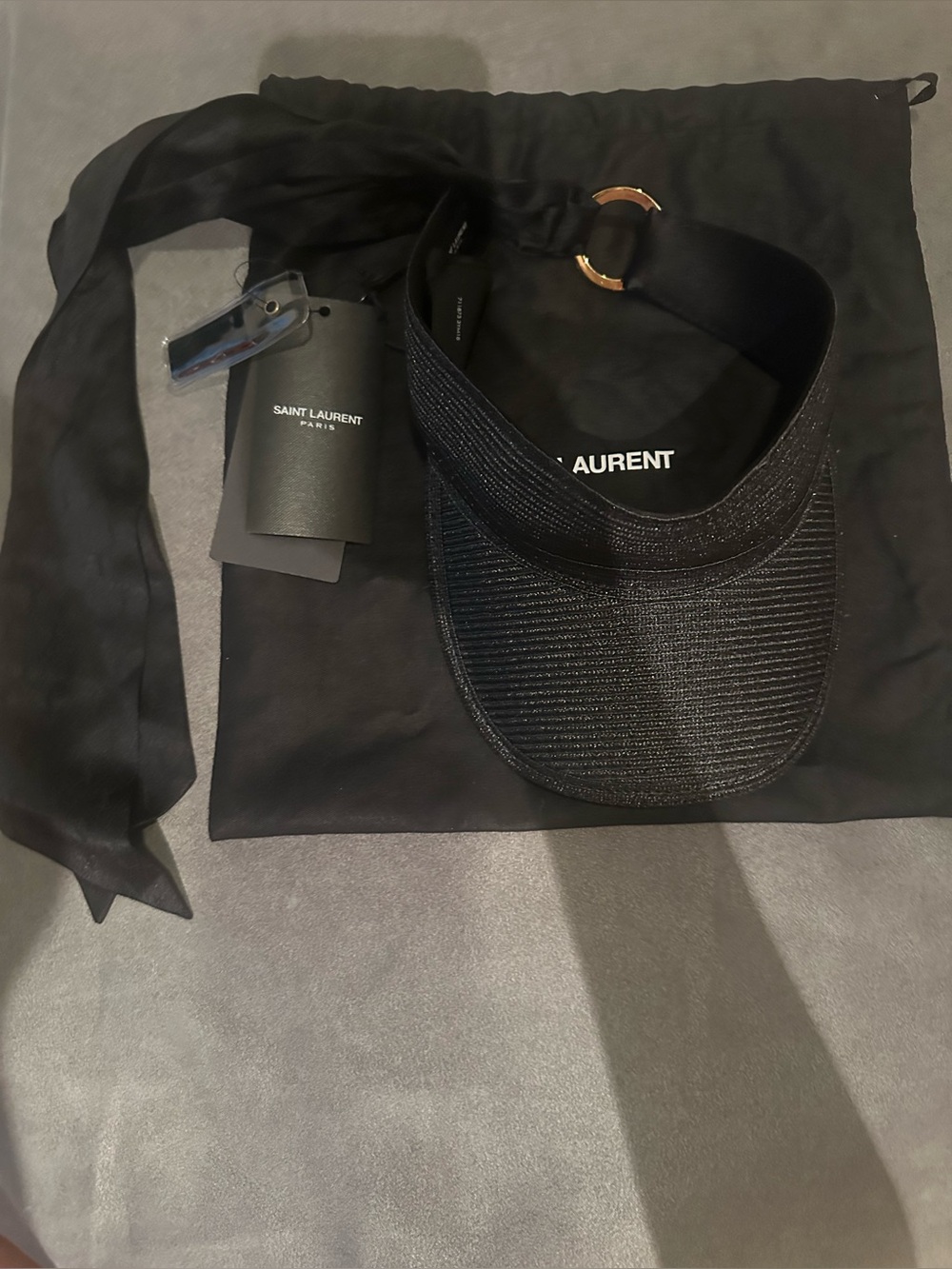 Saint Laurent Black Raffia Visor with Silk Scarf Tie